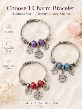 Adjustable Stainless Steel Charm Bracelet with Purple Beads